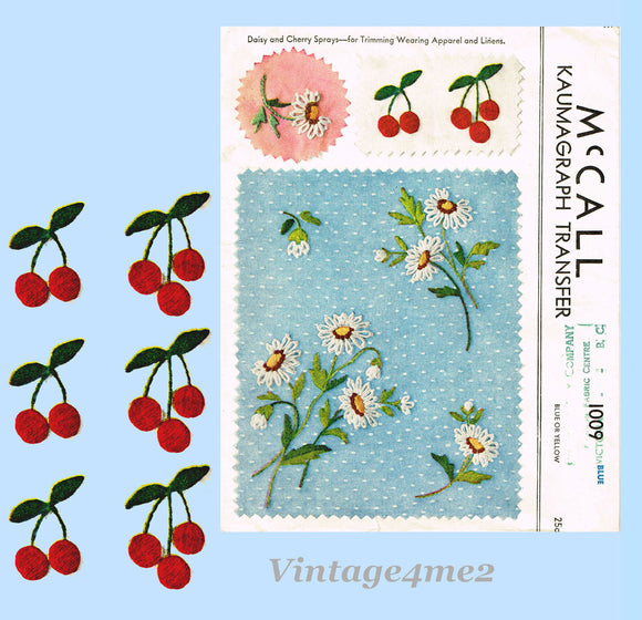 1940s Vintage McCall Embroidery Transfer 1009 Uncut Small Cherry & Daisy Sprays