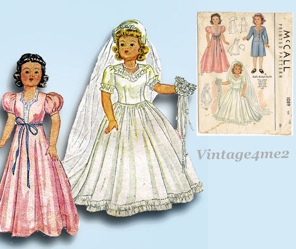 1940s Original Vintage McCall Pattern 1089 Rare WWII Bridal Doll Clothes 18 inch