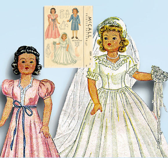 1940s Original Vintage McCall Pattern 1089 Rare WWII Bridal Doll Clothes