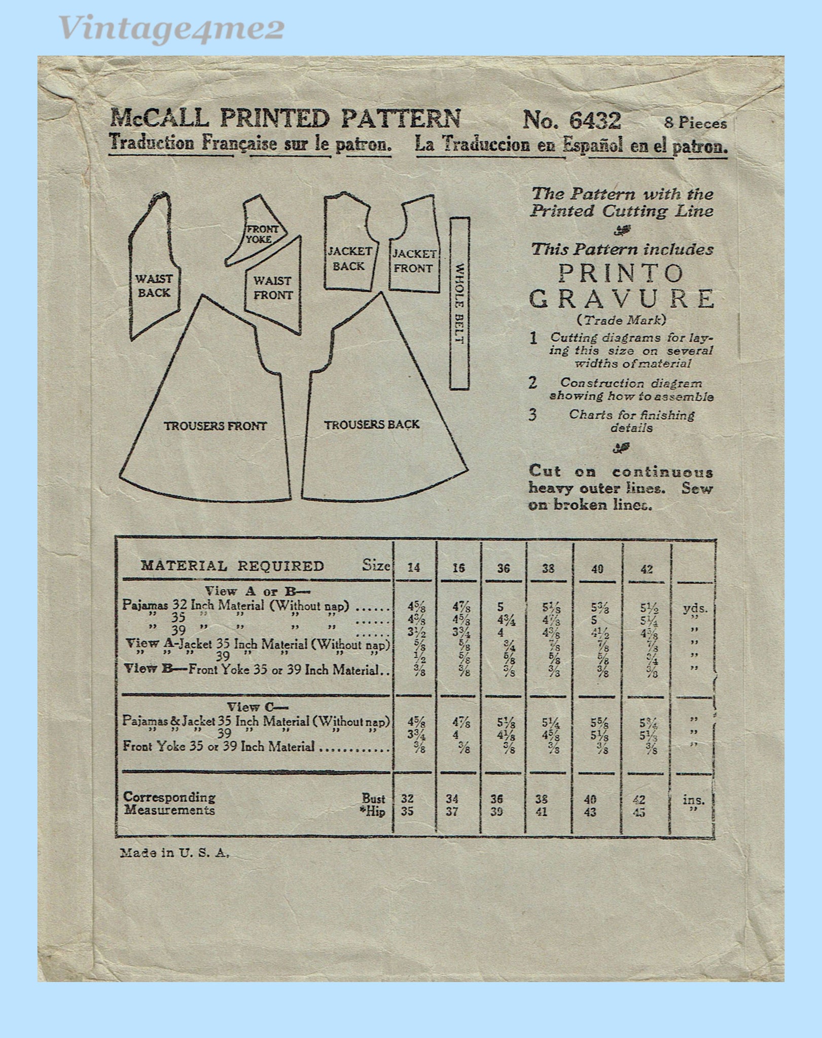 6432 Pattern McCall 6432: 1930s Rare Misses Beach Pajamas Size 38 Bust Vintage Sewi ...