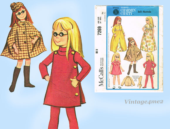1960s Vintage McCalls Pattern 7269 Uncut Charming Chatty 24 Inch Doll Clothes