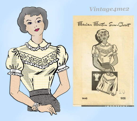 Marian Martin 9445: 1950s Charming Misses Blouse Sz 38 B Vintage Sewing Pattern
