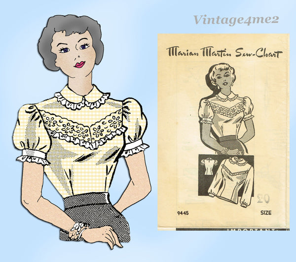 Marian Martin 9445: 1950s Charming Misses Blouse Sz 38 B Vintage Sewing Pattern