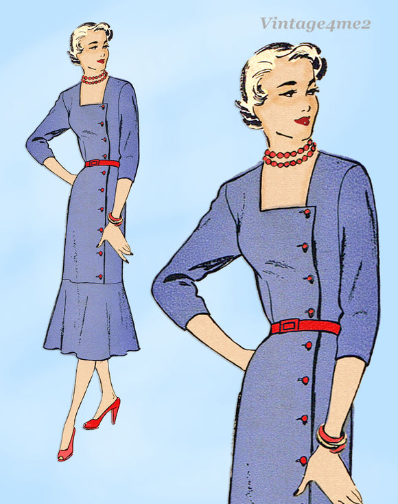 New York 915: 1950s Uncut Misses Dress w Trumpet Skirt 32B Vintage Sewing Pattern
