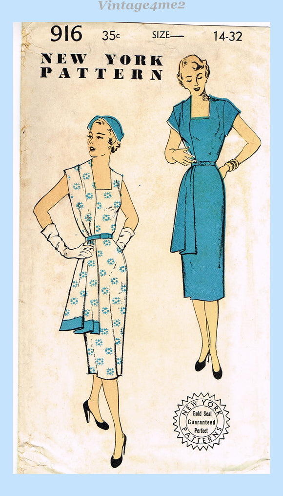 New York 916: 1950s Uncut Misses Slender Dress Sz 32 B Vintage Sewing Pattern