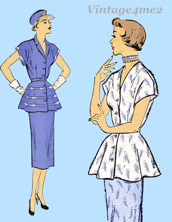 New York 929: 1950s Uncut Misses 2 Piece Peplum Dress 32B Vintage Sewing Pattern