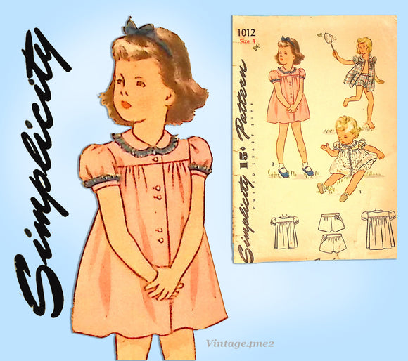 Simplicity 1012: 1940s WWII Toddler Girls Dress Size 4 Vintage Sewing Pattern