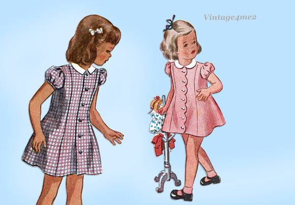 Simplicity 1095: 1940s Cute WWII Toddler Girls Dress Sz 2 Vintage Sewing Pattern