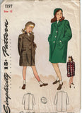 Simplicity 1197: 1940s Classic WWII Girls Boxy Coat & Hat Sz12 Vintage Sewing Pattern