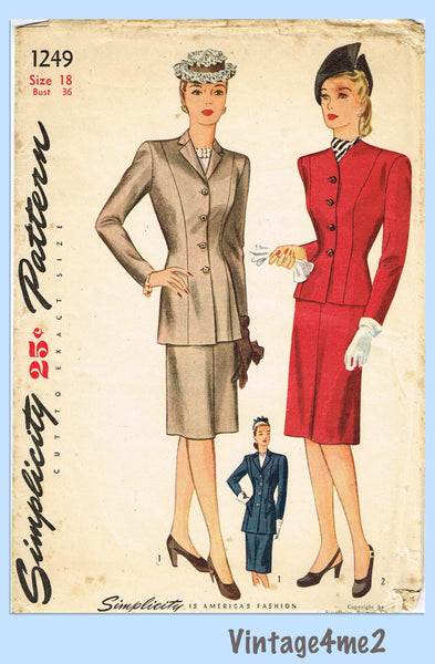 Simplicity 1249: 1940s Uncut Misses Slender Suit Sz 36 B Vintage Sewing Pattern