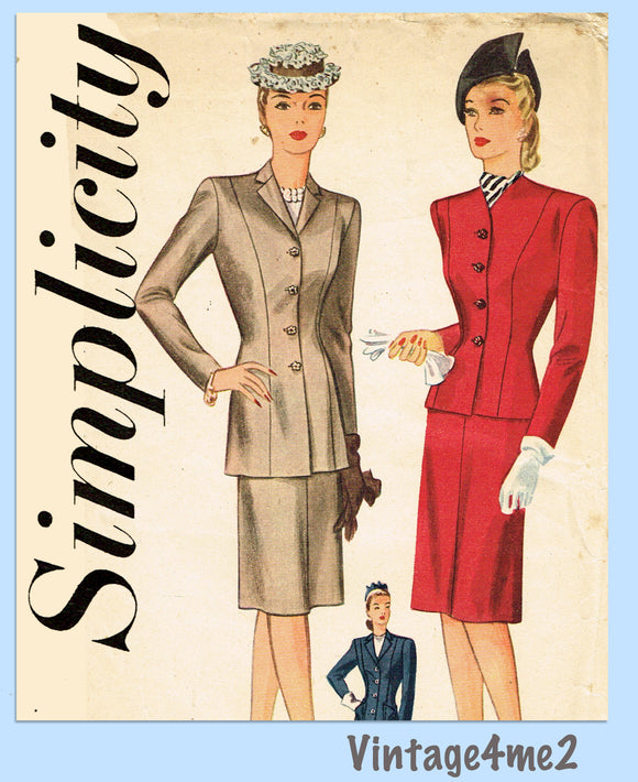 Simplicity 1249: 1940s Uncut Misses Slender Suit Sz 36 B Vintage Sewing Pattern