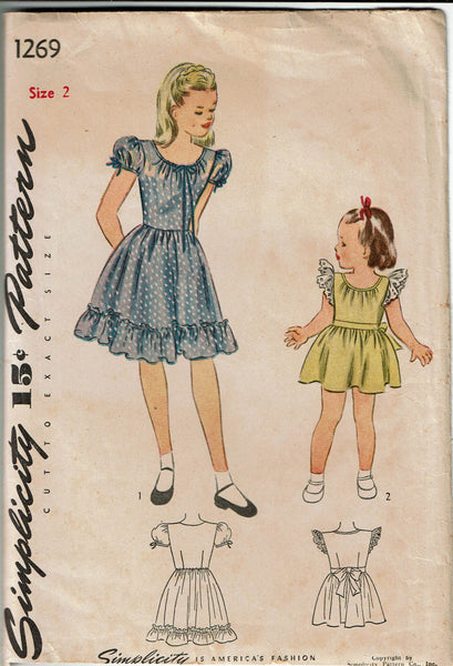 Simplicity 1269: 1940s Sweet WWII Baby Girls Dress Size 2 Vintage Sewing Pattern