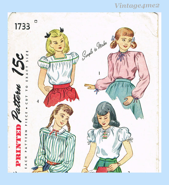 1940s Vintage Simplicity Sewing Pattern 1733 Post WWII  Girls Blouse Size 6