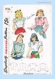 1940s Vintage Simplicity Sewing Pattern 1733 Post WWII  Girls Blouse Size 8