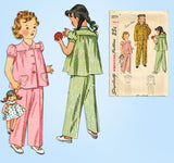 1940s Vintage Simplicity Sewing Pattern 2054 Simple to Make Girls Pajama Size 6