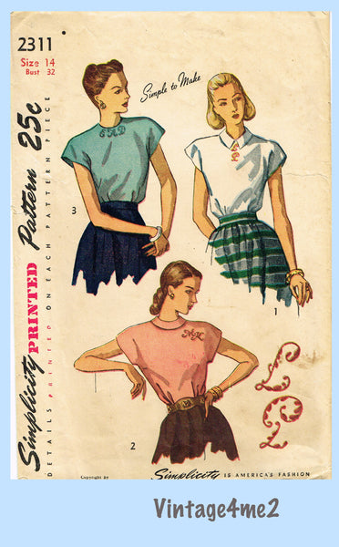Simplicity 2311: 1940s Chic Misses Extended Shoulder Blouse Vintage Sewing Pattern Sz 32 B