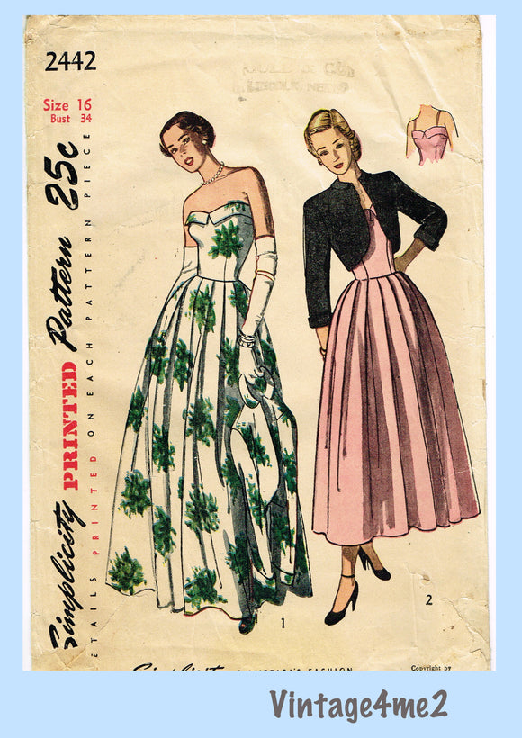 Simplicity 2442: 1940s Strapless Gown Size 34 B Vintage Sewing Pattern –  Vintage4me2