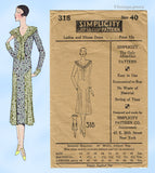 Simplicity 318: 1930s Rare Misses Street Dress Size 40 Bust Vintage Sewing Pattern