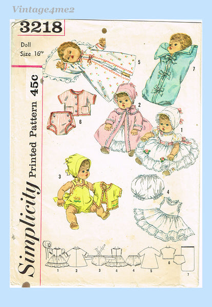1960s Vintage Simplicity Sewing Pattern 3218 16 Inch Baby Doll Clothes Set