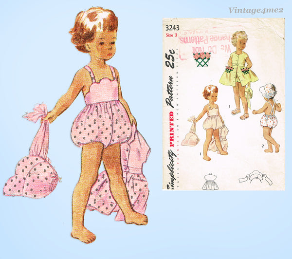 1950s Vintage Simplicity Pattern 3243 Cute Toddler Dress Romper Bonnet Sz 3 Uncut
