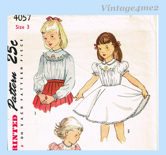 1950s Vintage Simplicity Sewing Pattern 4057 Embroidered Toddler Blouse Sz 3