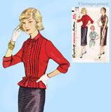1950s Vintage Simplicity Sewing Pattern 4154 Misses Tucked Blouse Skirt Sz 29 B