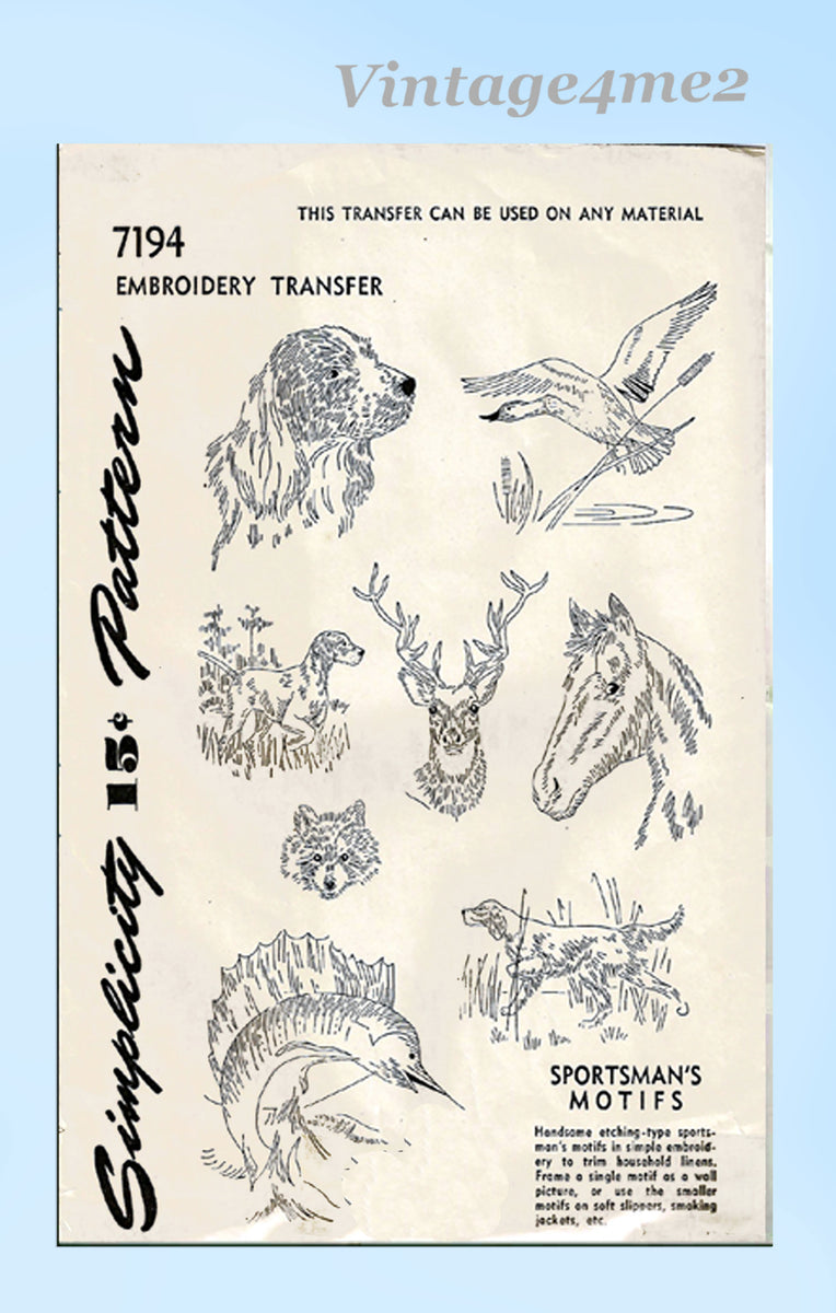1940s VTG Simplicity Embroidery Transfer 7194 Fishing Hunting Motifs ...