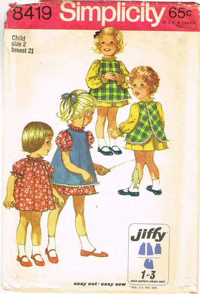 1960s Vintage Simplicity Sewing Pattern 8419 Baby Girls Jiffy Dress & Apron Sz 2