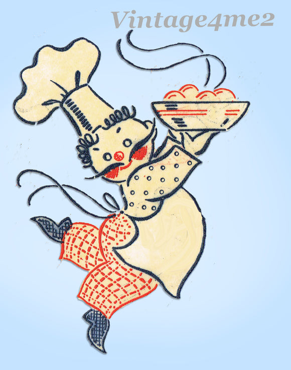 1950s Vintage Vogart Textilprint Color Transfer 404 Comic Chef Tea Towel Motifs