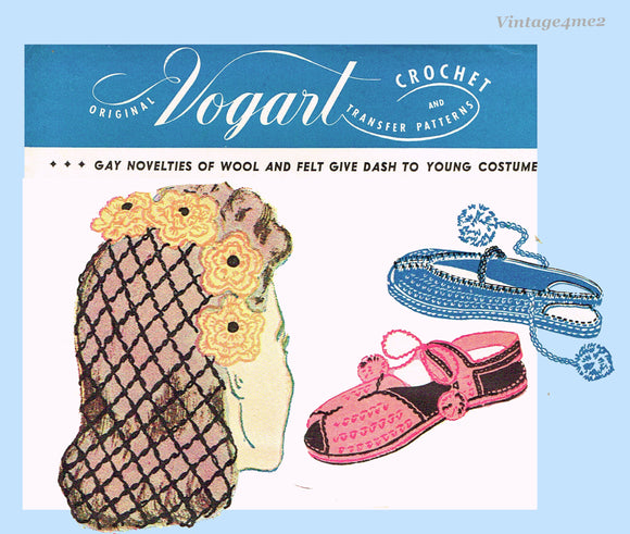 1940s Vogart Embroidery Transfer Snood Shoes And More w Crochet ORIGINAL