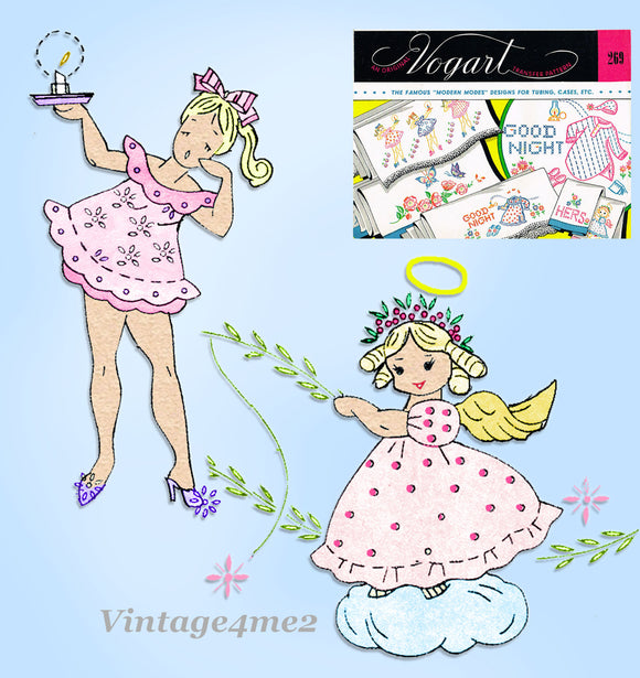 1950s Vintage Vogart Embroidery Transfer 269 Uncut Good Night Girls Pillowcases