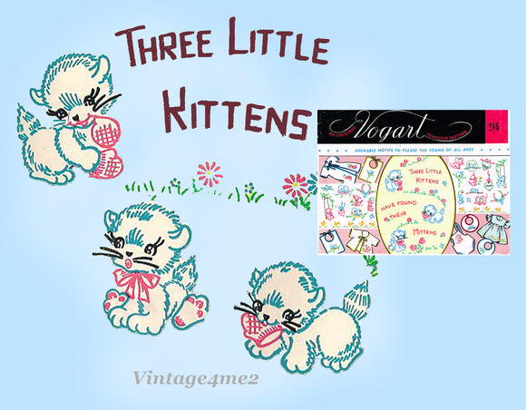 1950s VTG Vogart Embroidery Transfer 286 Uncut 3 Kittens Cute Baby Clothes Motifs