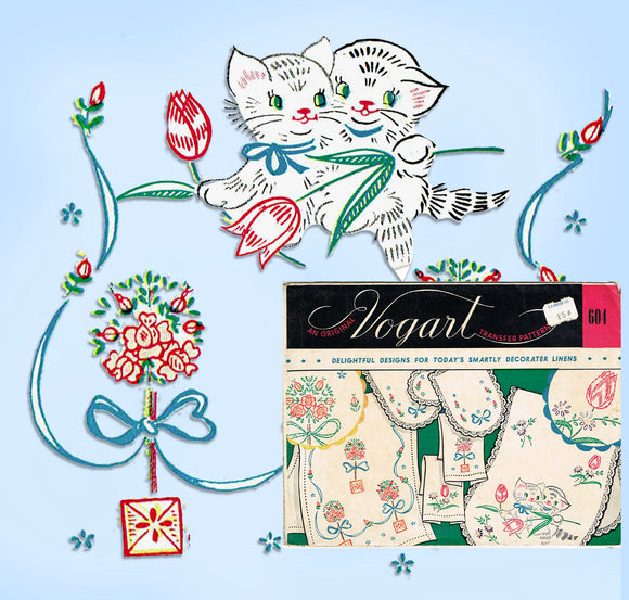 1950s Vintage Vogart Embroidery Transfer 604 Uncut Kitties and Topiary  Motifs