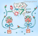 1950s Vintage Vogart Embroidery Transfer 604 Uncut Kitties and Topiary  Motifs