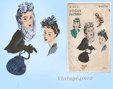 1940s WWII Original Vintage Vogue Pattern 9650 Rare Misses Hats Purse SZ Medium