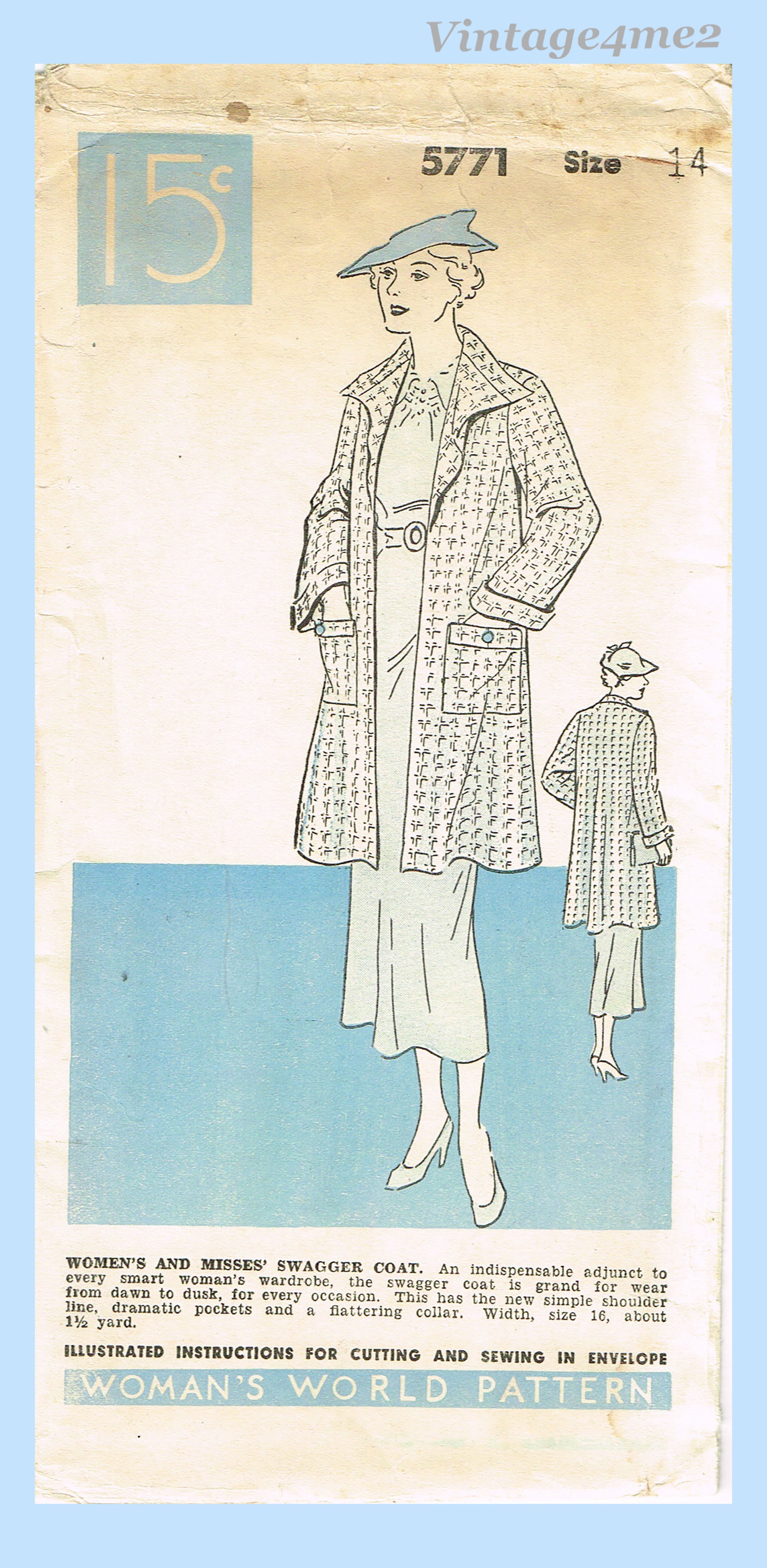 Woman's World 5771: 1930s Uncut Misses Swagger Coat 32B Sewing