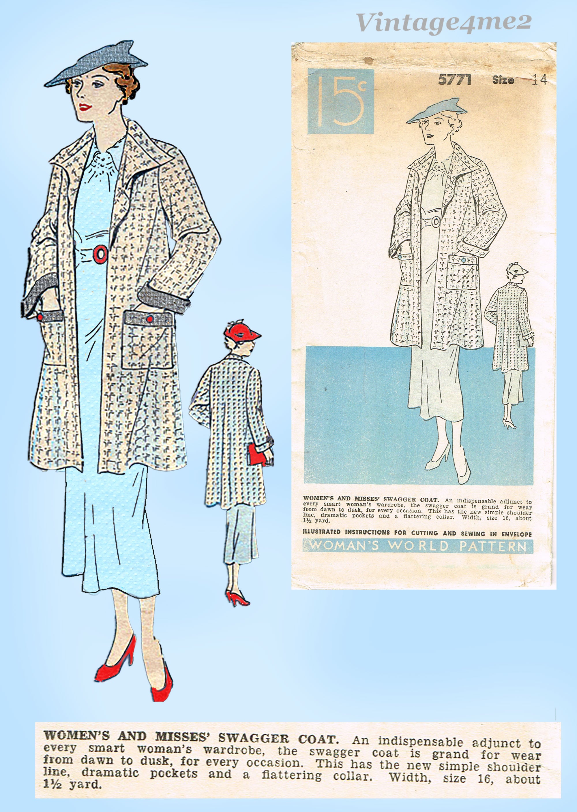 Woman's World 5771: 1930s Uncut Misses Swagger Coat 32B Sewing