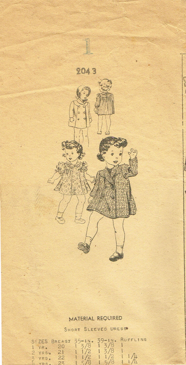 1930s Vintage Mail Order Sewing Pattern 2043 Baby Girls Dress & Coat 1 ...