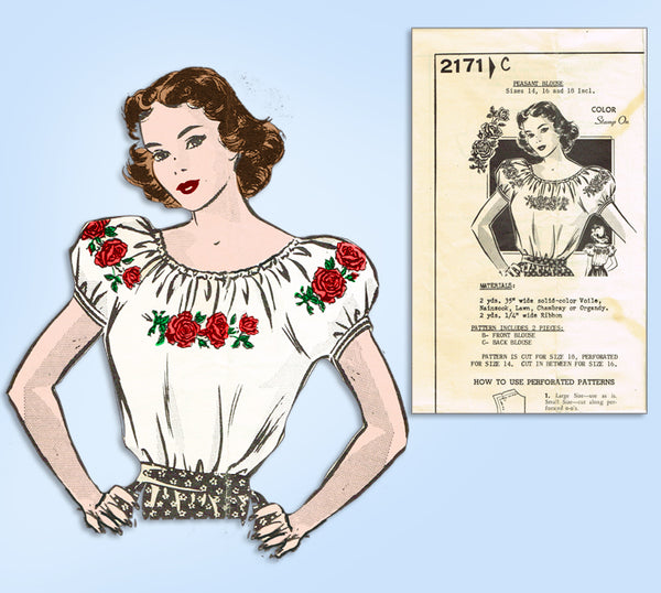 1940s Mail Order Sewing Pattern 2171 Uncut Misses Peasant Blouse Size 32 34 36 B