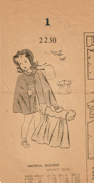 Mail Order 2230: 1950s Uncut Baby Girls Dress & Cape Sz 1 Vintage Sewing Pattern