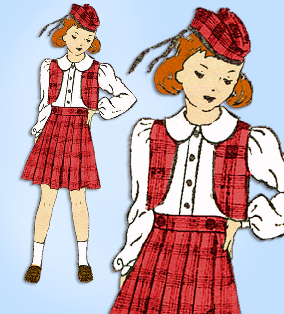 1930s Vintage Mail Order Sewing Pattern 2904 Girls Scottish Suit w Tam Size 8 - Vintage4me2