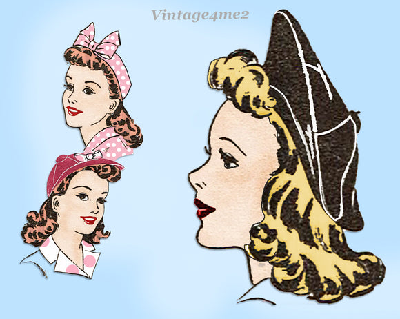 Mail Order 3095: 1940s Misses Hat in 3 Styles Fits All Vintage Sewing Pattern