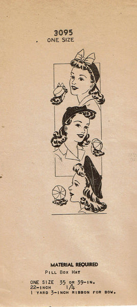 Mail Order 3095: 1940s Misses Hat in 3 Styles Fits All Vintage Sewing Pattern