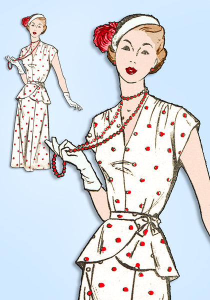 1940s Vintage Fashion Service Sewing Pattern 3099 Misses Peplum Dress Sz 34 Bust