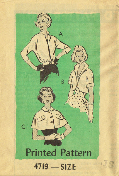 Anne Adams 4719: 1950s Misses Jacket & Topper Set Sz 38 B Vintage Sewing Pattern