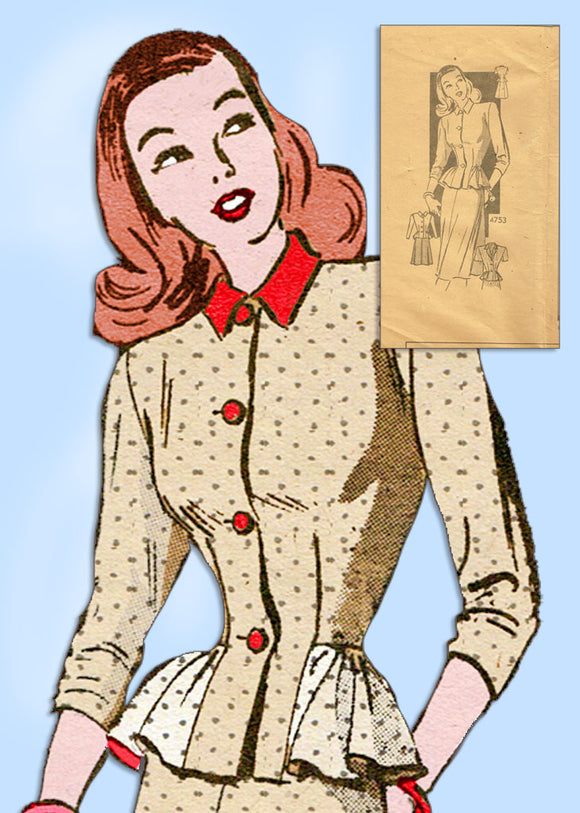1940s Vintage Anne Adams Sewing Pattern 4753 Uncut Misses Peplum Suit Sz 29 Bust