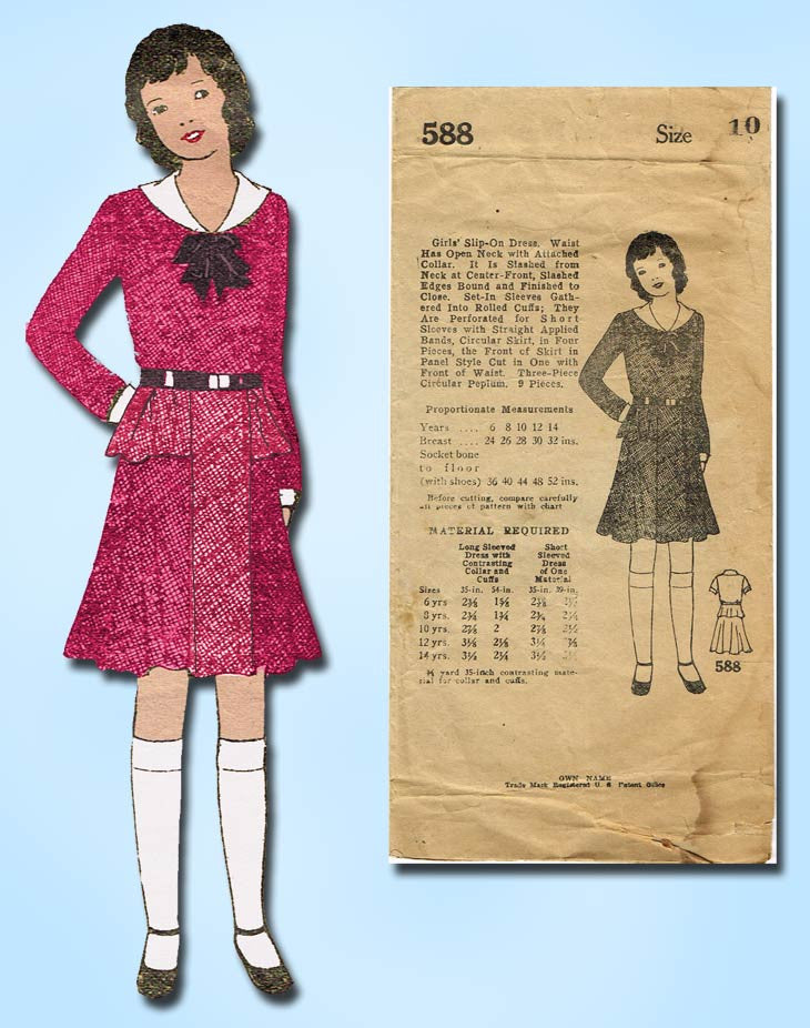 1930s Vintage Own Name Mail Order Sewing Pattern 588 Girls Peplum Dres –  Vintage4me2