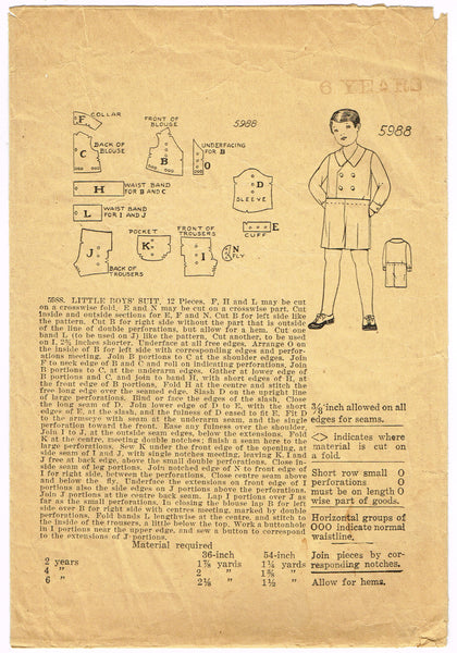 1920s Vintage Mail Order Sewing Pattern 5988 Toddler Boys One Piece Suit Sz 6
