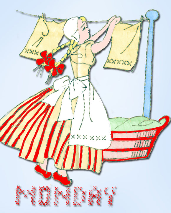 1930s VTG Mail Order Embroidery Transfer 722 Uncut Dutch Gal DOW Tea Towels ORIG