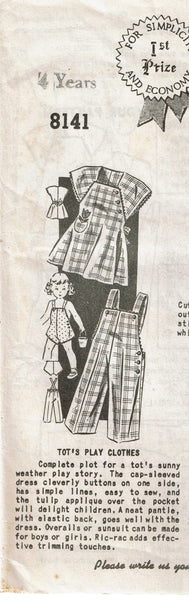 Mail Order 8141: 1940s Cute Toddlers Play Clothes Set Sz4 Vintage Sewing Pattern